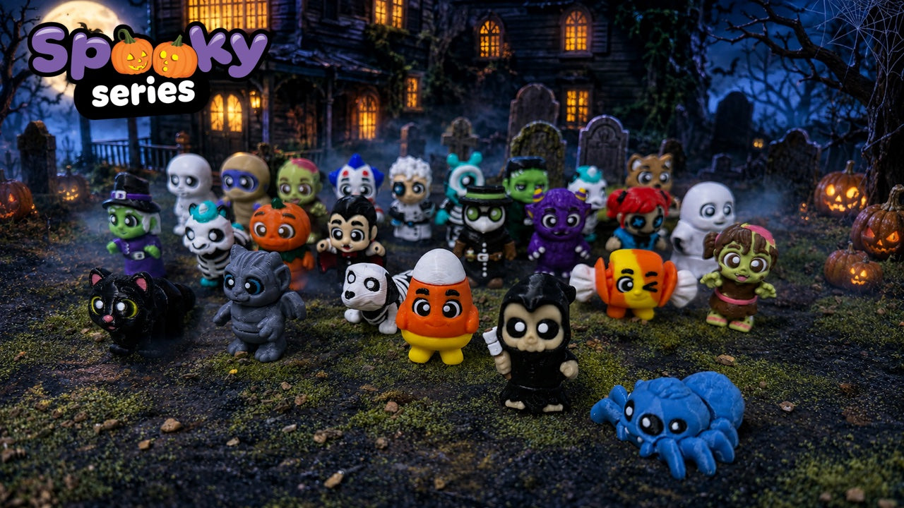 The full Wigglitz Spooky Series lineup in a moonlit graveyard